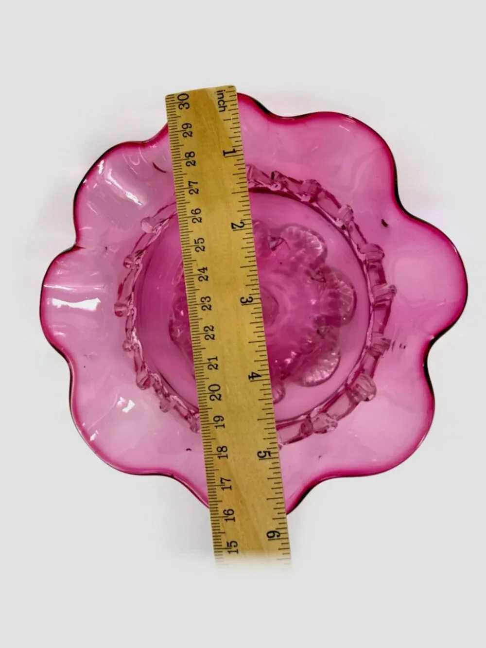 Victorian Cranberry Pink Art Glass Ruffled Bowl - Rigaree Trim & Shell Feet